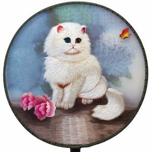 Stunning Chinese Silk Embroidered Cat Decorative Fan LNC